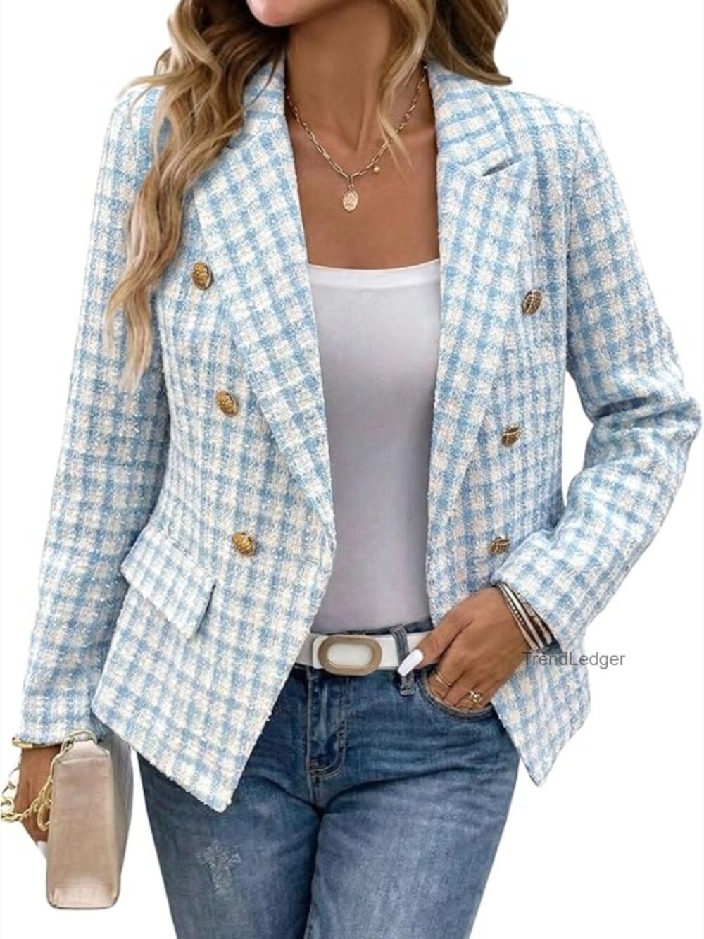 Women's Tweed Plaid Blazer Jacket Double-Breasted Slim Petite Work